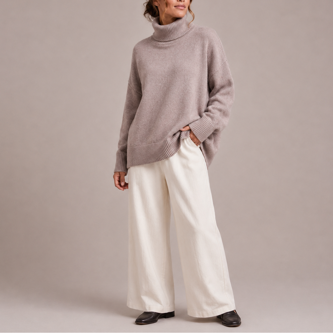 Striktrøje Dame Varm Højhalset Sweater Oversize med Ribkanter