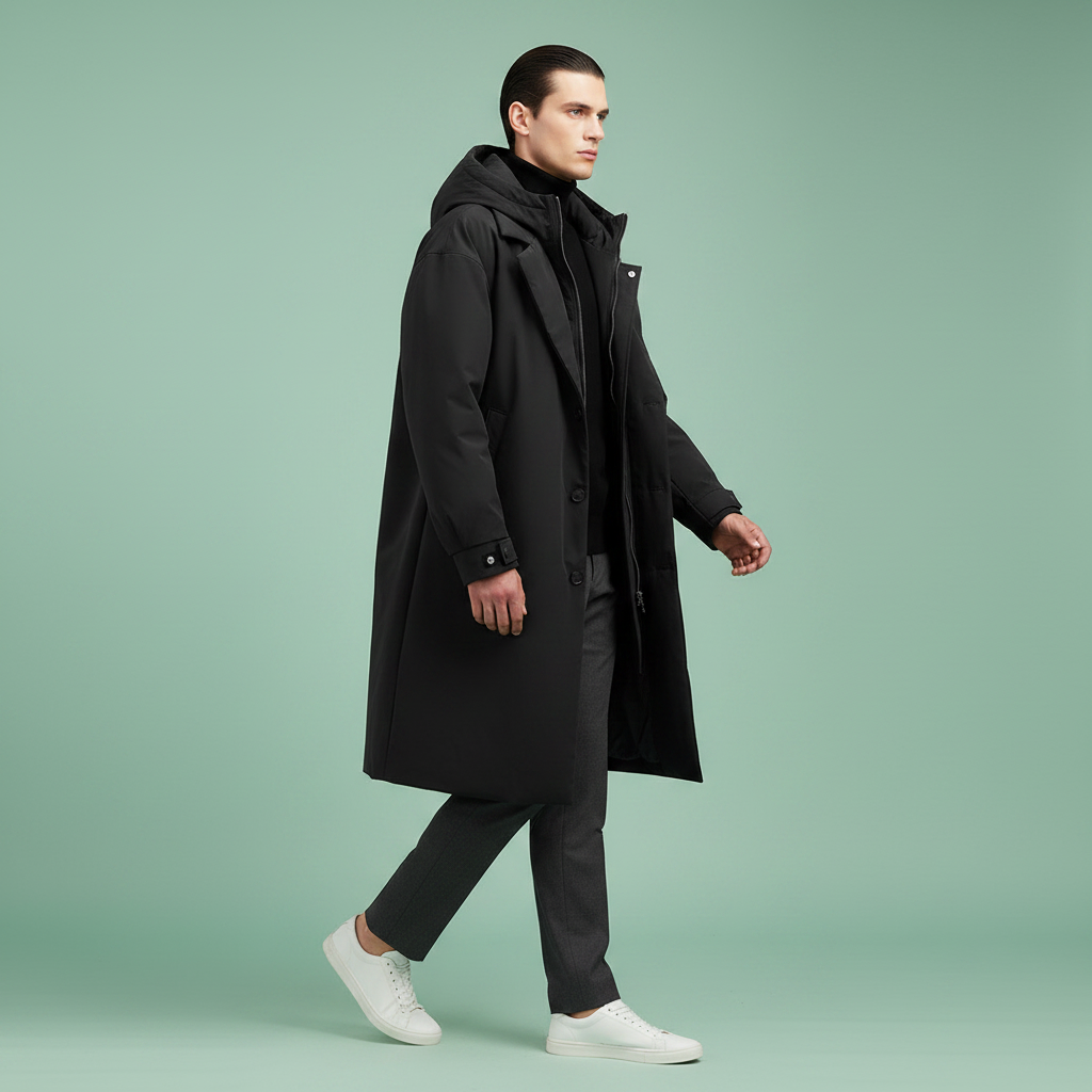 Stilfuld lang trenchcoat med hætte til mænd