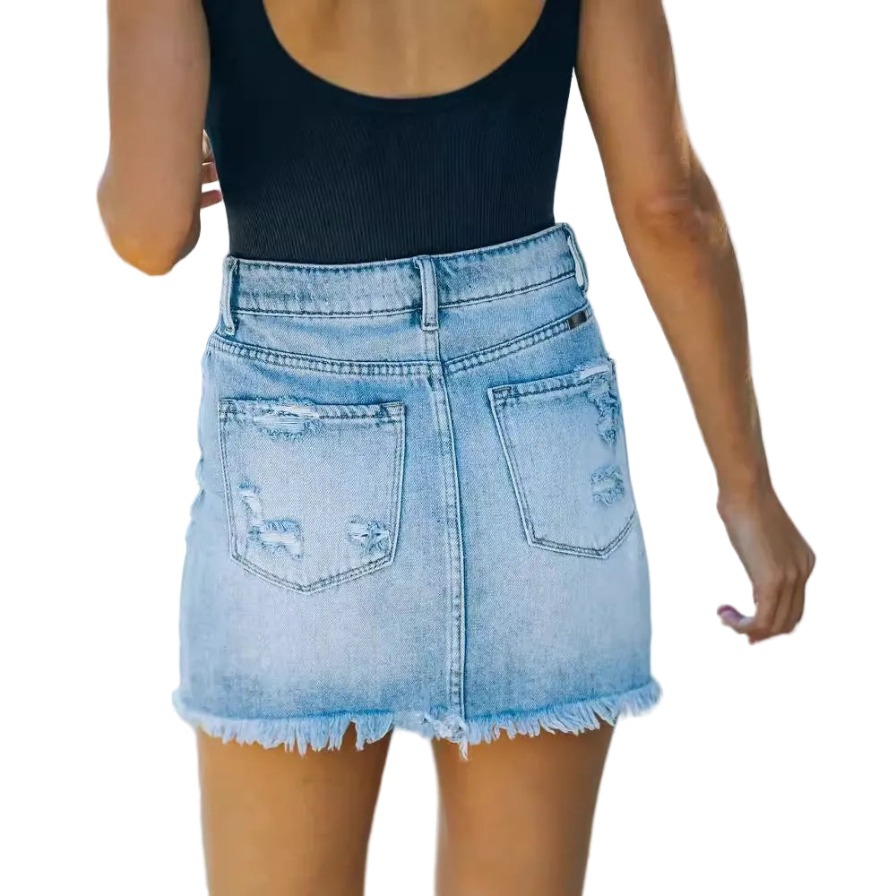 Denim mininederdel damer – høj talje stretch med rå kant