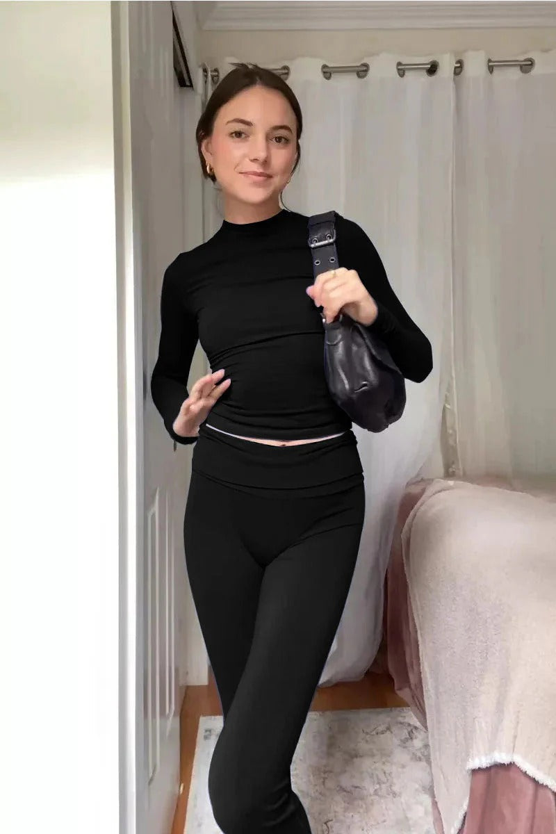 Hyggesæt Dame med Langærmet Top med Høj Hals og Yogabukser med Foldekant