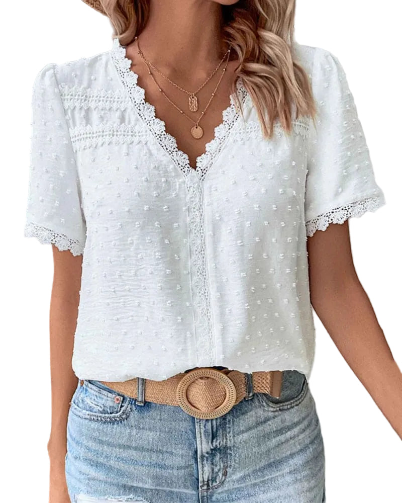 Bomuldsbluse damer – V-hals med blonder og patchwork detalje