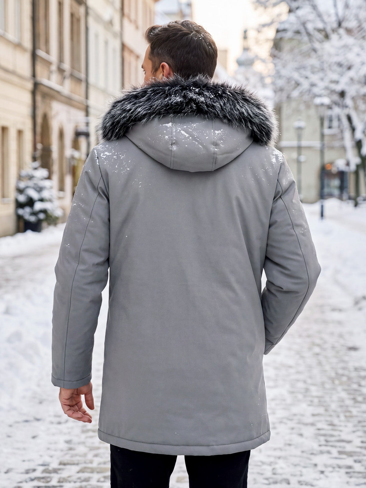Parka Herre Varm Halvlang med Pels på Hætten og Lynlås Vinterjakke