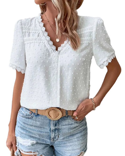 Bomuldsbluse damer – V-hals med blonder og patchwork detalje