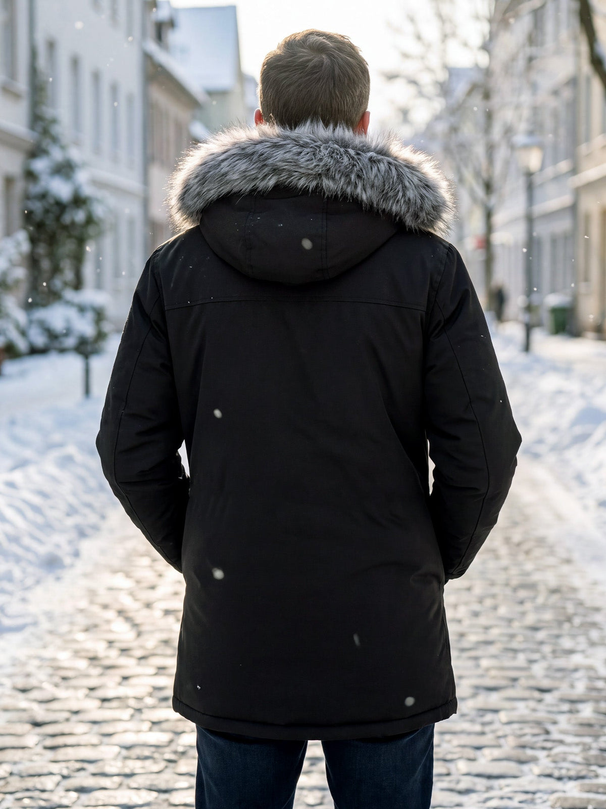 Parka Herre Varm Halvlang med Pels på Hætten og Lynlås Vinterjakke