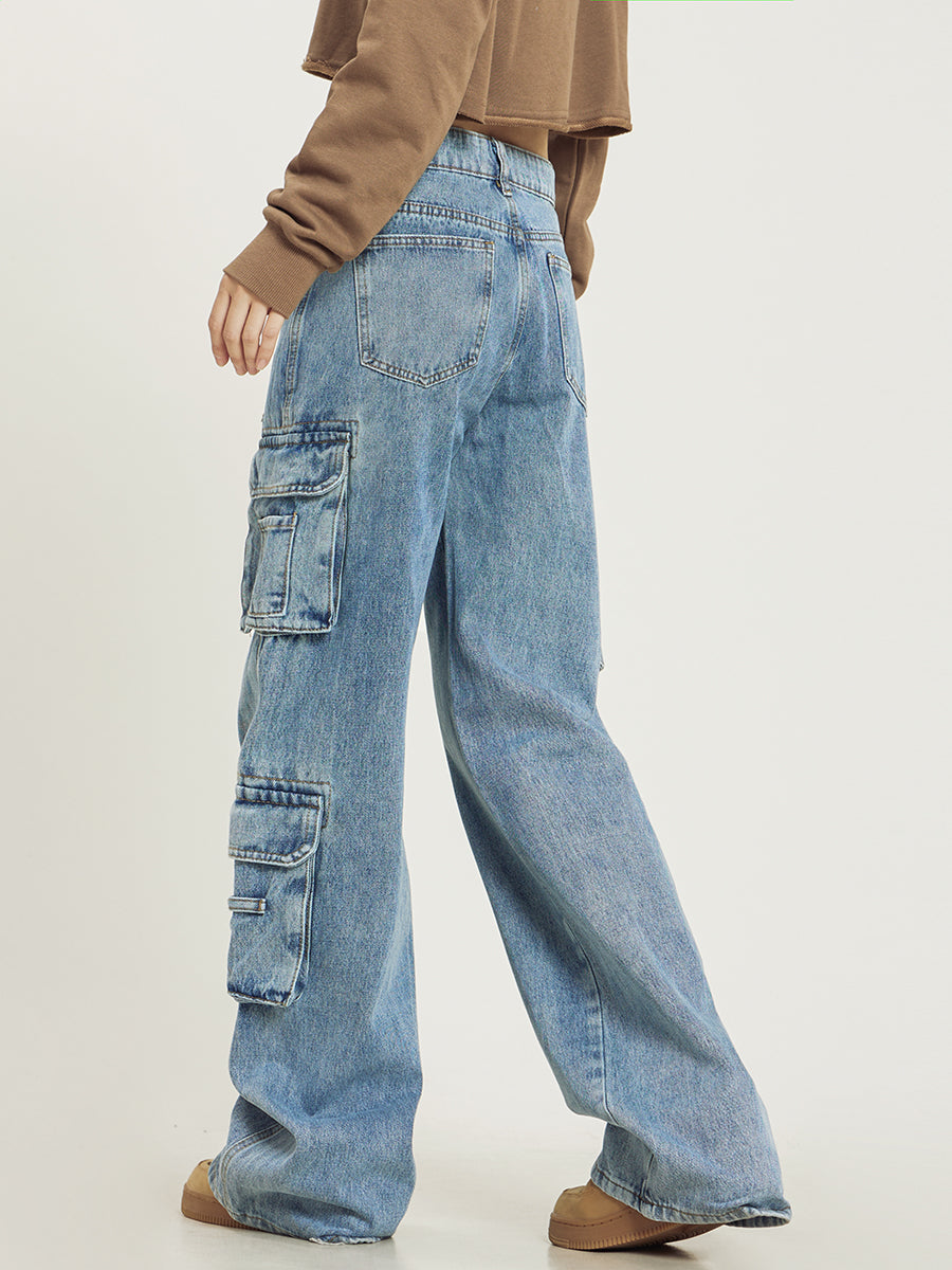 Jeans Dame Baggy Cargo Cowboybukser med Store Sidelommer og Brede Ben