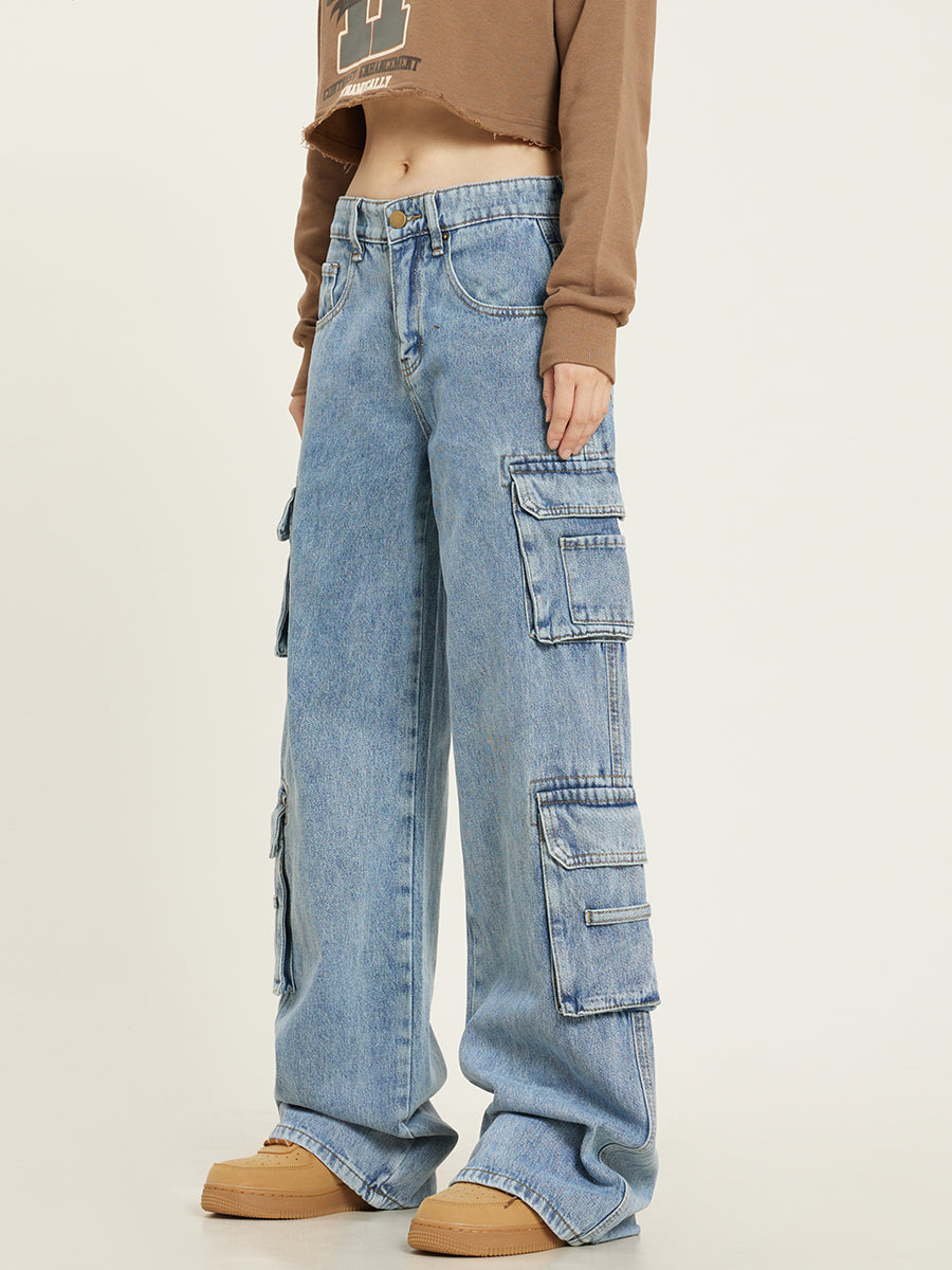 Jeans Dame Baggy Cargo Cowboybukser med Store Sidelommer og Brede Ben