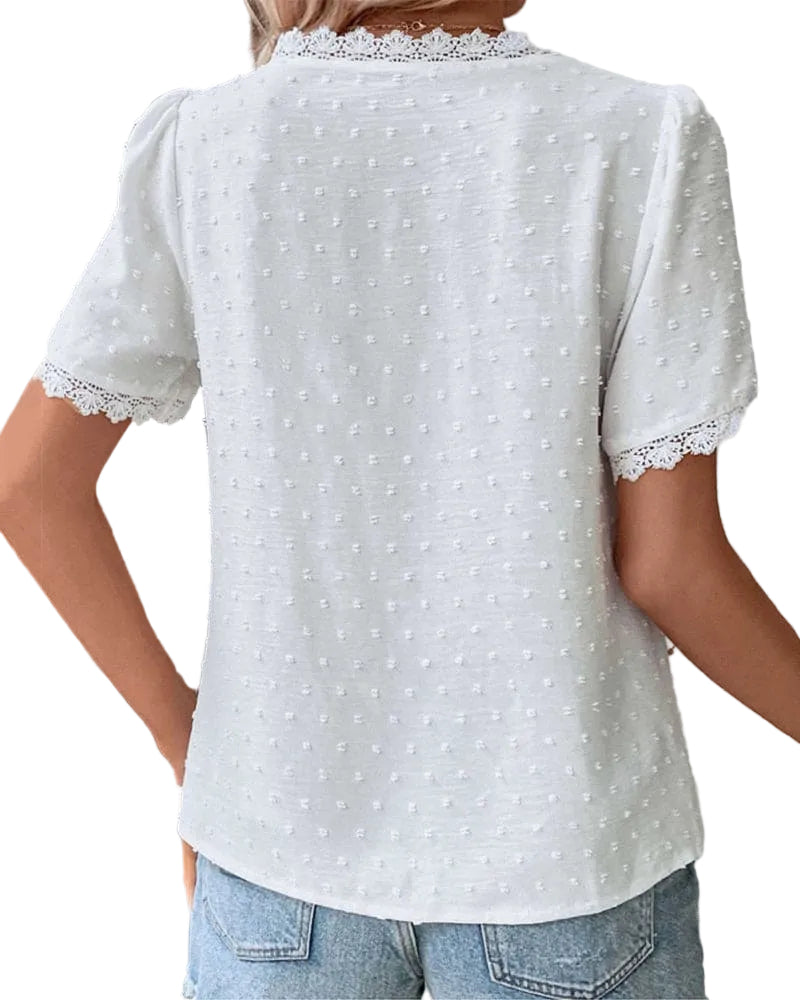 Bomuldsbluse damer – V-hals med blonder og patchwork detalje