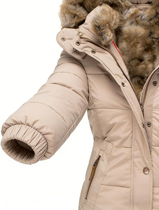 Vinterjakke Dame Halvlang Varm Quiltet Parka med Pels på Hætten