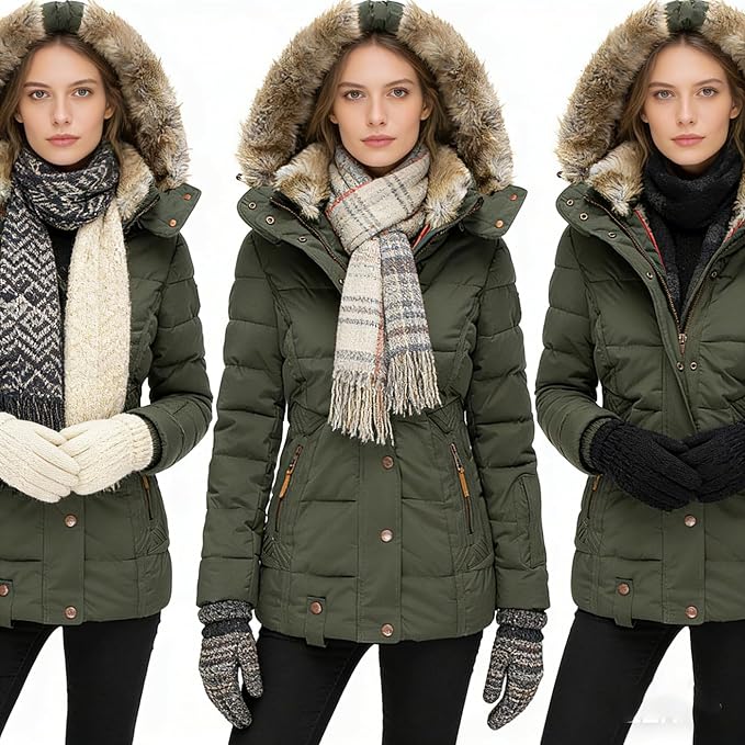 Vinterjakke Dame Halvlang Varm Quiltet Parka med Pels på Hætten
