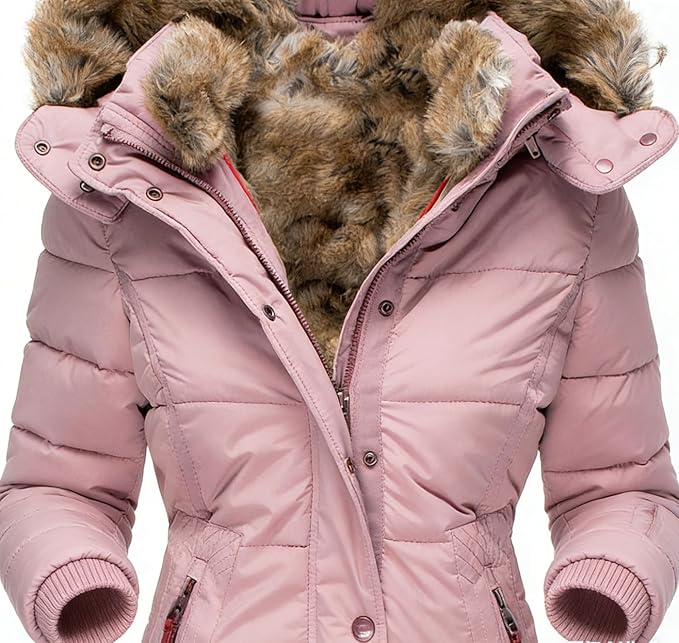 Vinterjakke Dame Halvlang Varm Quiltet Parka med Pels på Hætten