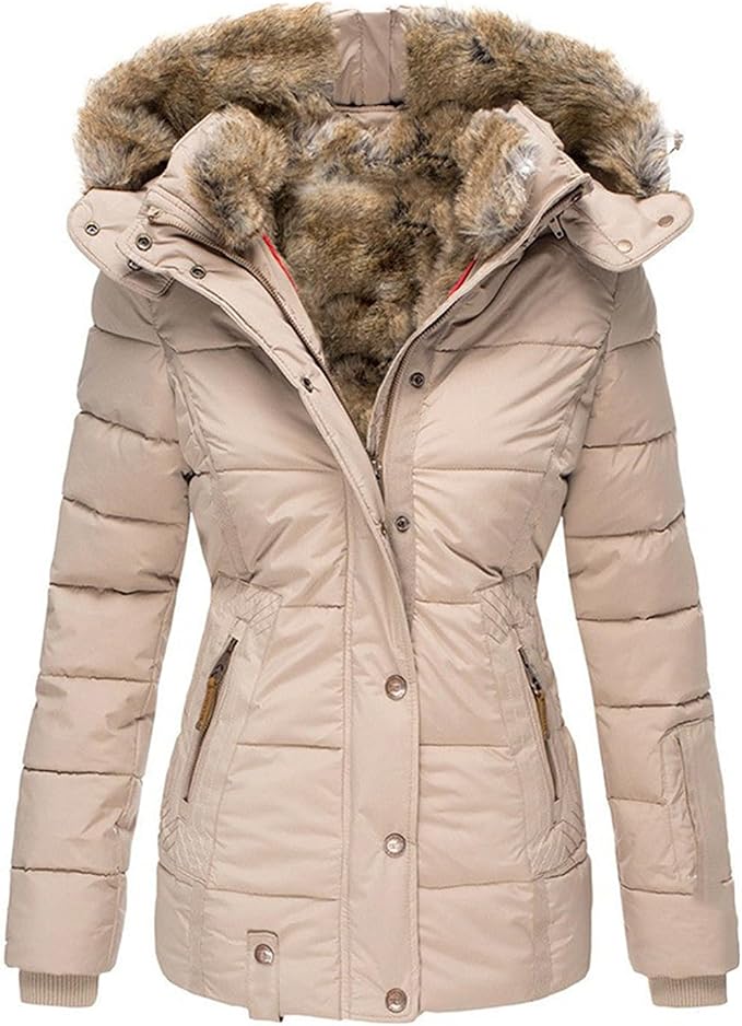 Vinterjakke Dame Halvlang Varm Quiltet Parka med Pels på Hætten