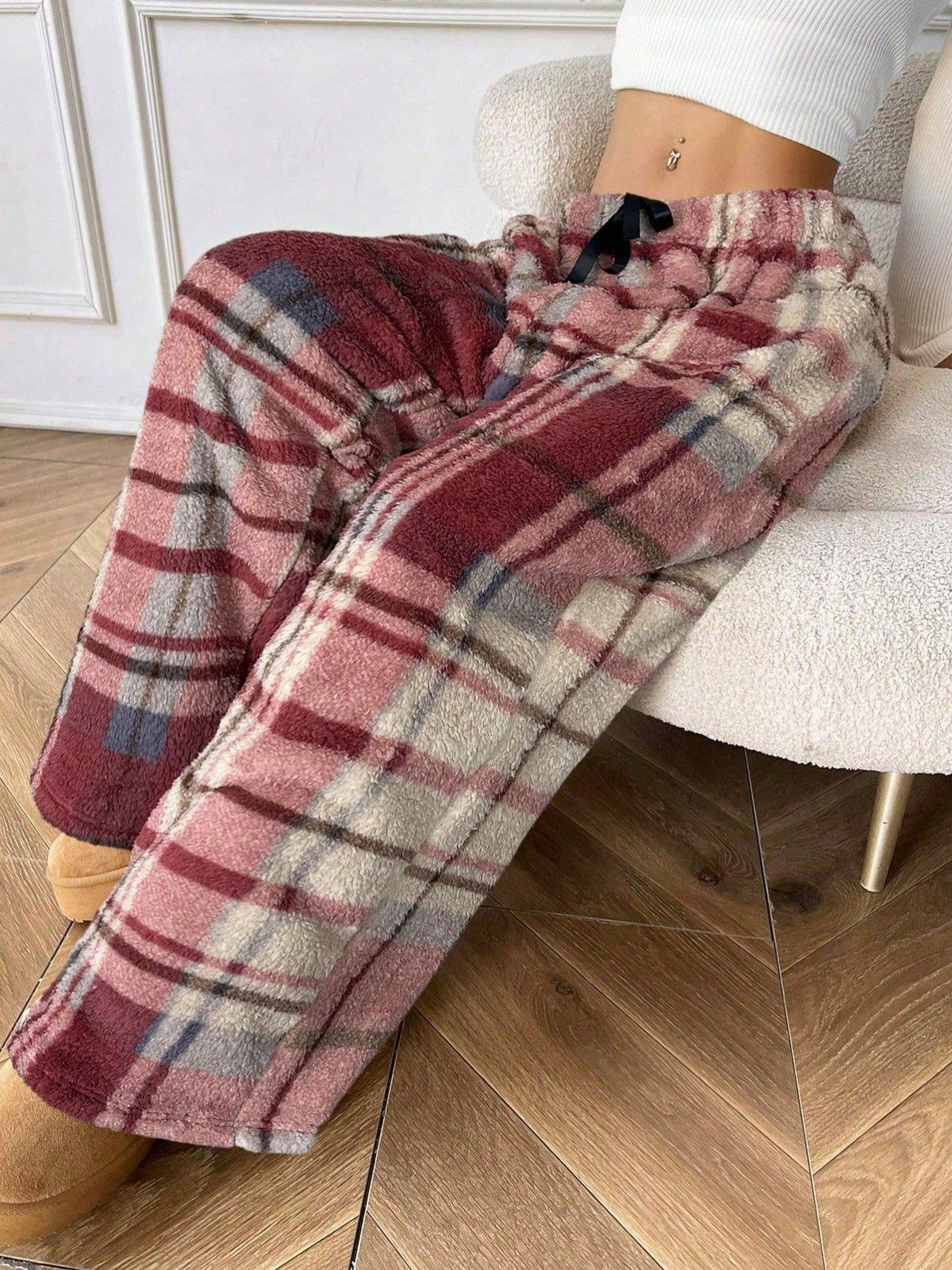 Fleecebukser Dame Varme Ternede i Blød Teddy med Bindebånd og Brede Ben Natbukser