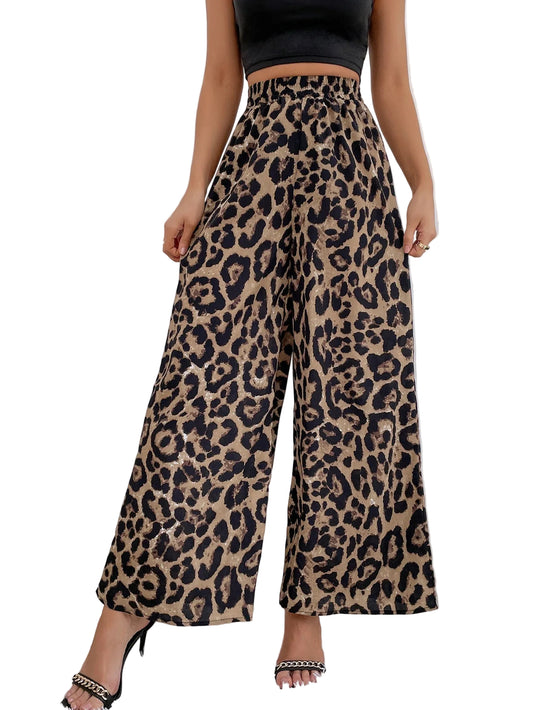 Vide bukser med leopardprint damer – elastik i taljen og afslappet pasform