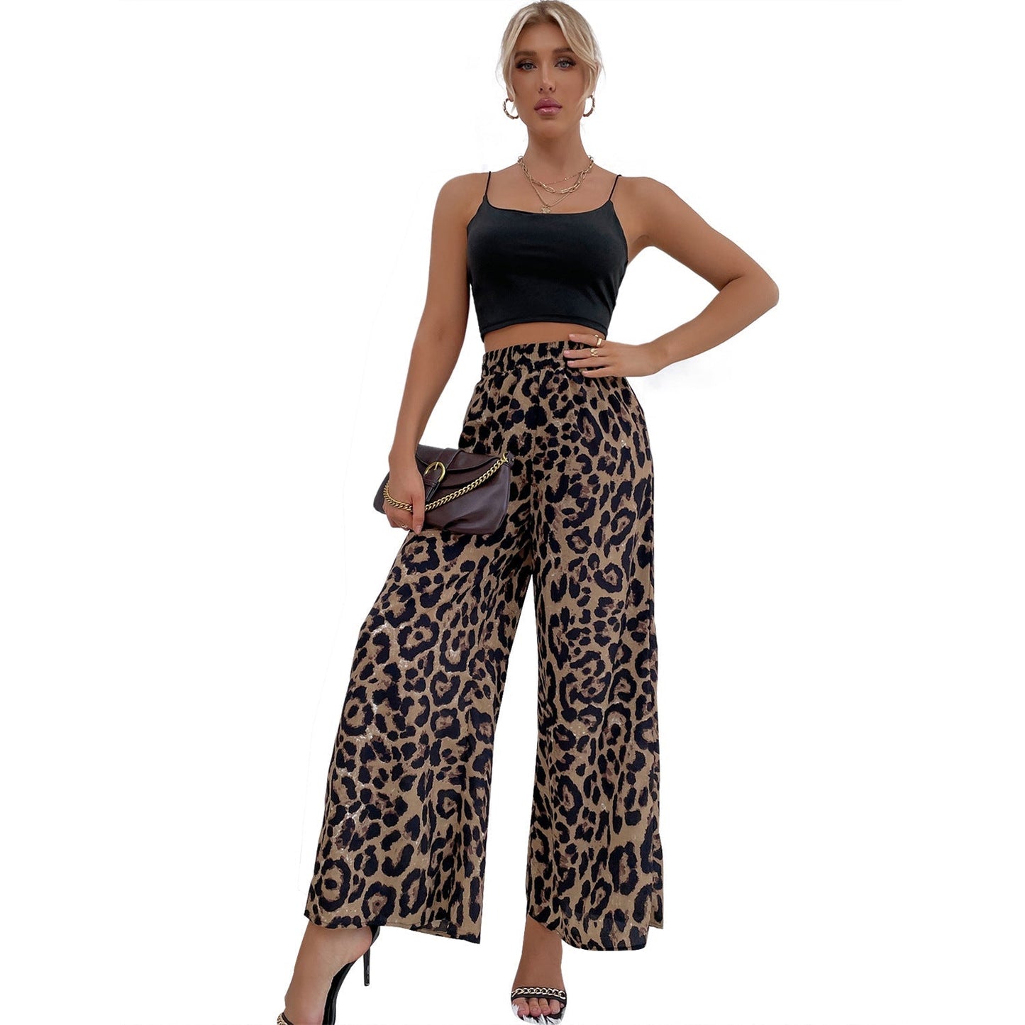 Vide bukser med leopardprint damer – elastik i taljen og afslappet pasform
