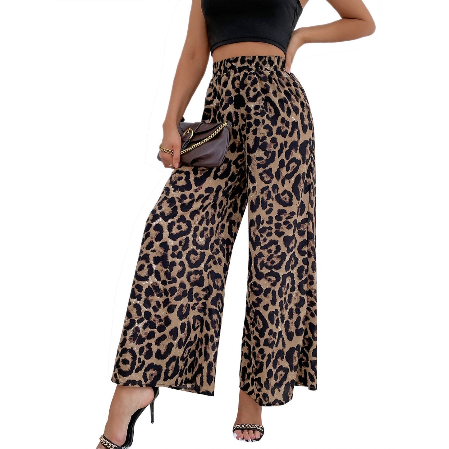 Vide bukser med leopardprint damer – elastik i taljen og afslappet pasform