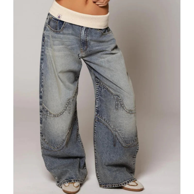 Jeans Dame Baggy Lowwaist Cowboybukser med Brede Ben og Vintage Vask