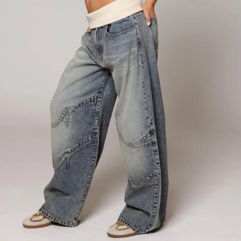Jeans Dame Baggy Lowwaist Cowboybukser med Brede Ben og Vintage Vask