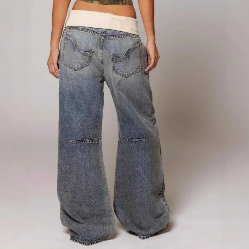 Jeans Dame Baggy Lowwaist Cowboybukser med Brede Ben og Vintage Vask