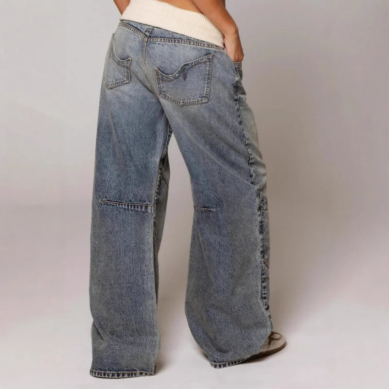Jeans Dame Baggy Lowwaist Cowboybukser med Brede Ben og Vintage Vask