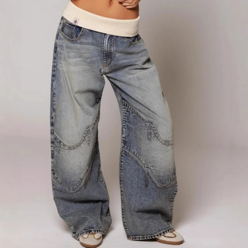 Jeans Dame Baggy Lowwaist Cowboybukser med Brede Ben og Vintage Vask