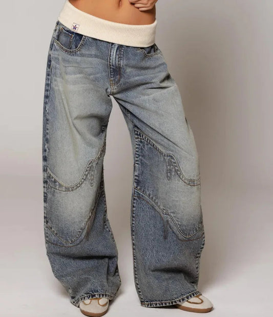 Jeans Dame Baggy Lowwaist Cowboybukser med Brede Ben og Vintage Vask
