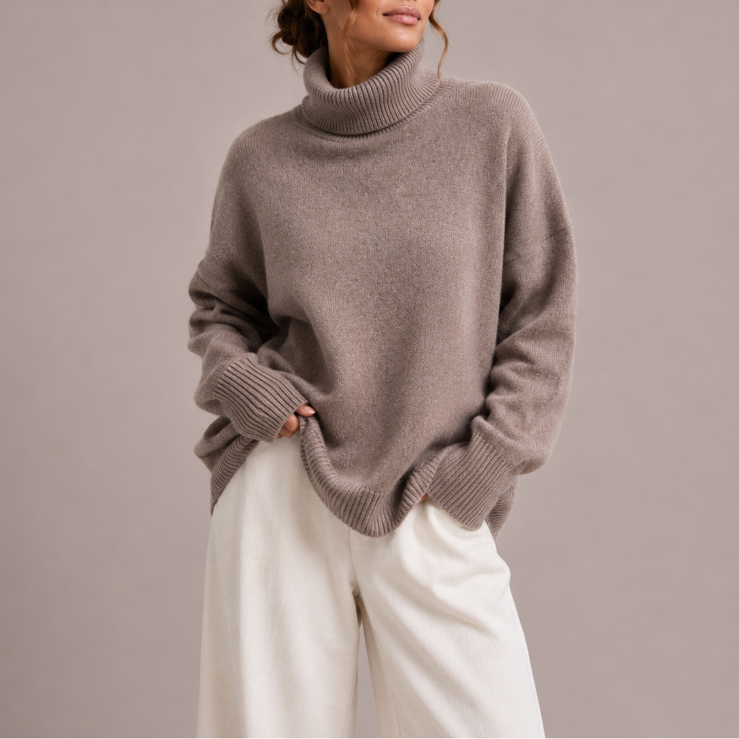 Striktrøje Dame Varm Højhalset Sweater Oversize med Ribkanter