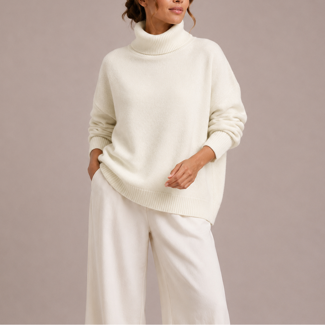 Striktrøje Dame Varm Højhalset Sweater Oversize med Ribkanter