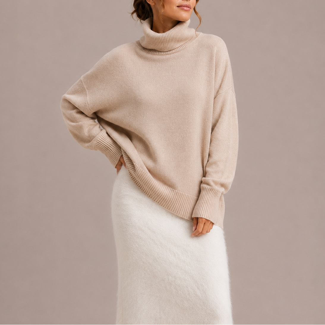 Striktrøje Dame Varm Højhalset Sweater Oversize med Ribkanter