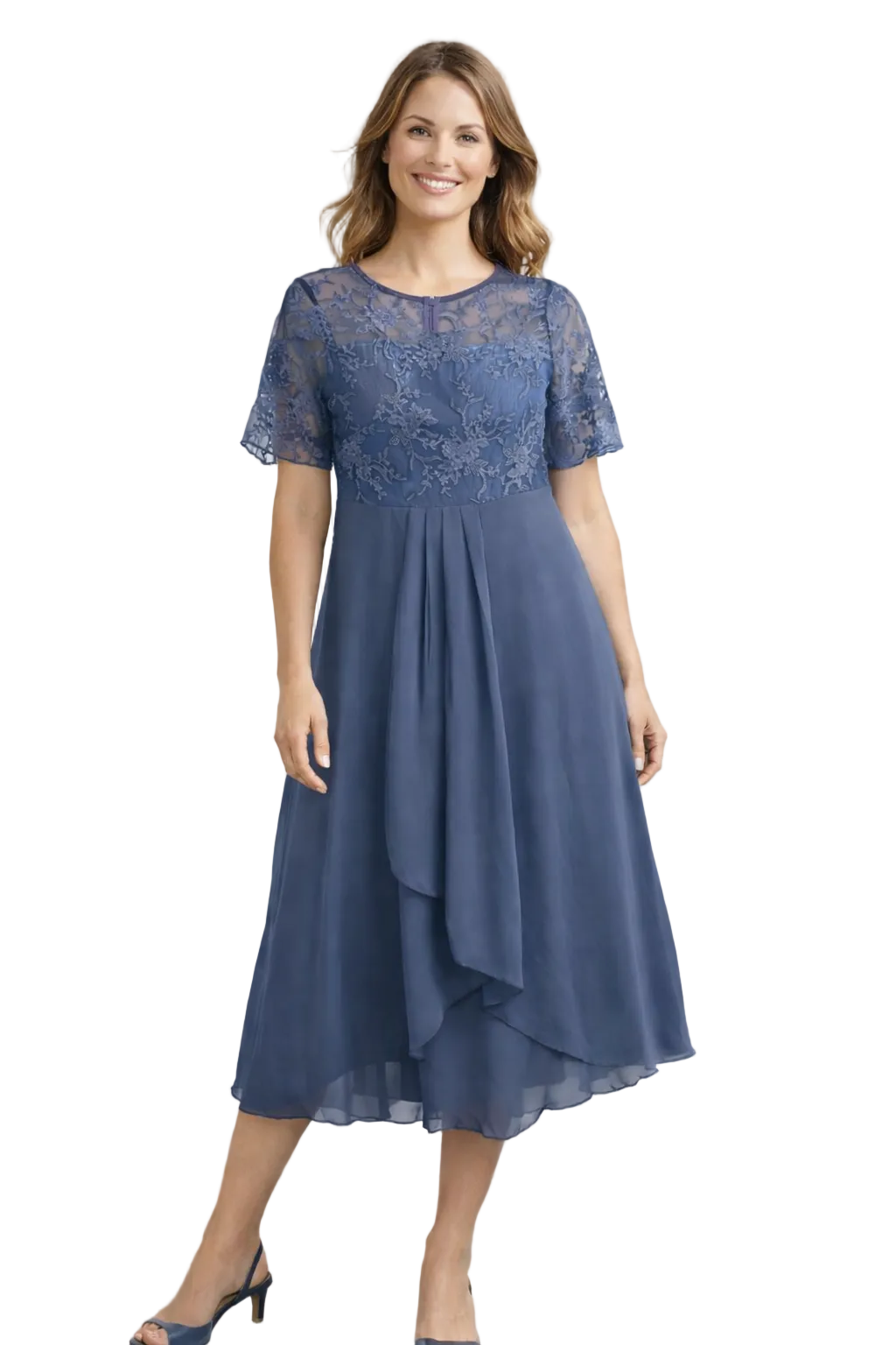 Blonde midikjole damer – blomstret overdel og chiffon nederdel