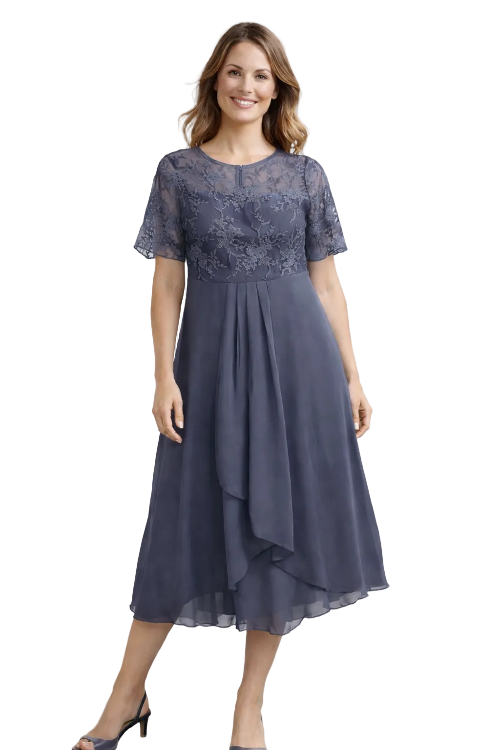 Blonde midikjole damer – blomstret overdel og chiffon nederdel