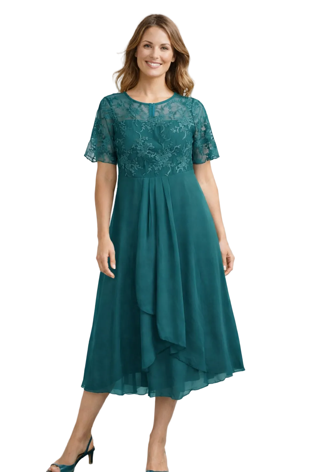 Blonde midikjole damer – blomstret overdel og chiffon nederdel