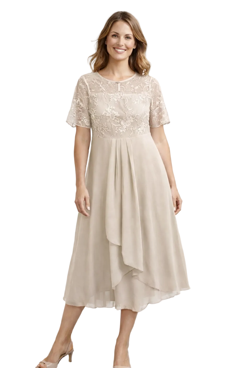 Blonde midikjole damer – blomstret overdel og chiffon nederdel