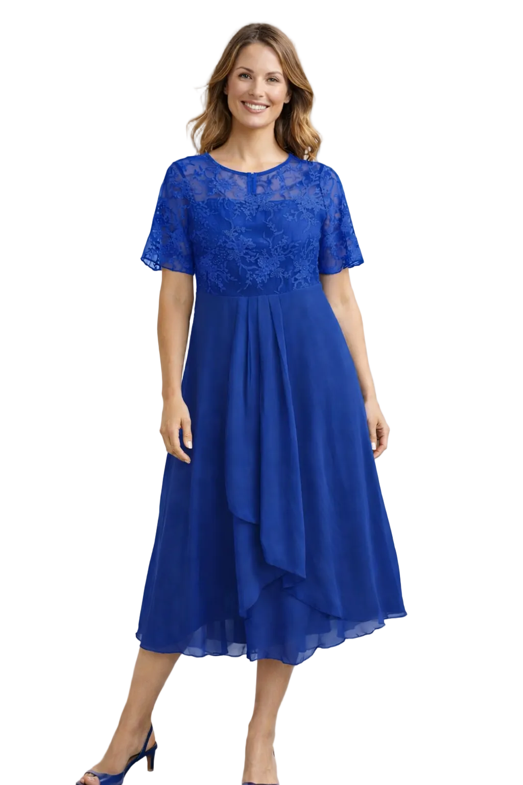 Blonde midikjole damer – blomstret overdel og chiffon nederdel