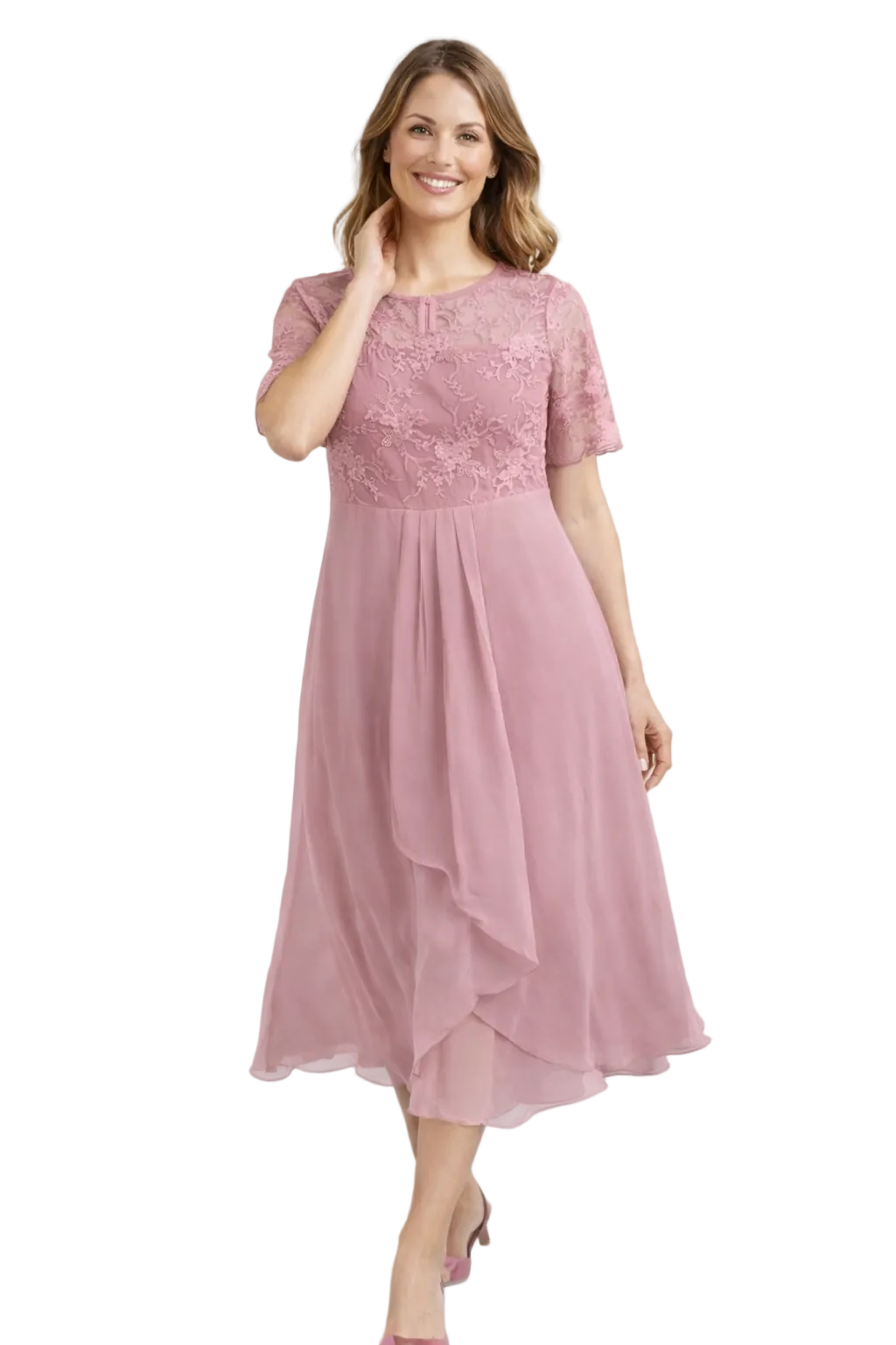 Blonde midikjole damer – blomstret overdel og chiffon nederdel