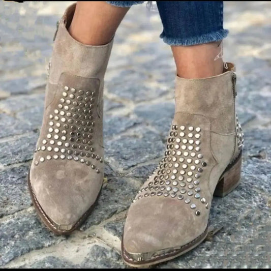 Ankelstøvler Dame med Nitter og Blokhæl i Ruskindslook Cowboy Støvletter