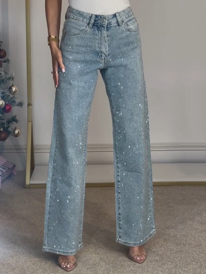 Jeans Dame Brede Glimmer Cowboybukser med Rhinsten og Høj Talje