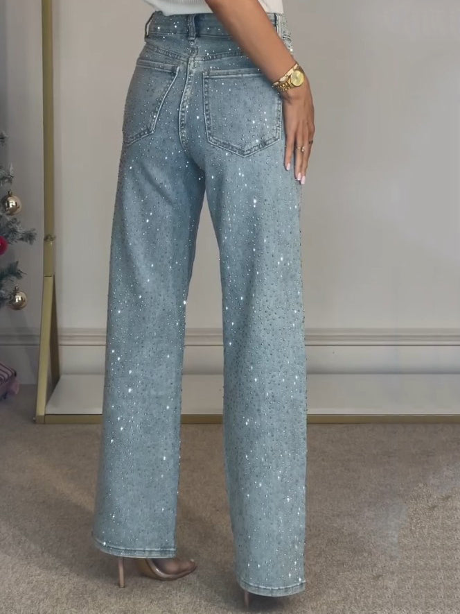 Jeans Dame Brede Glimmer Cowboybukser med Rhinsten og Høj Talje