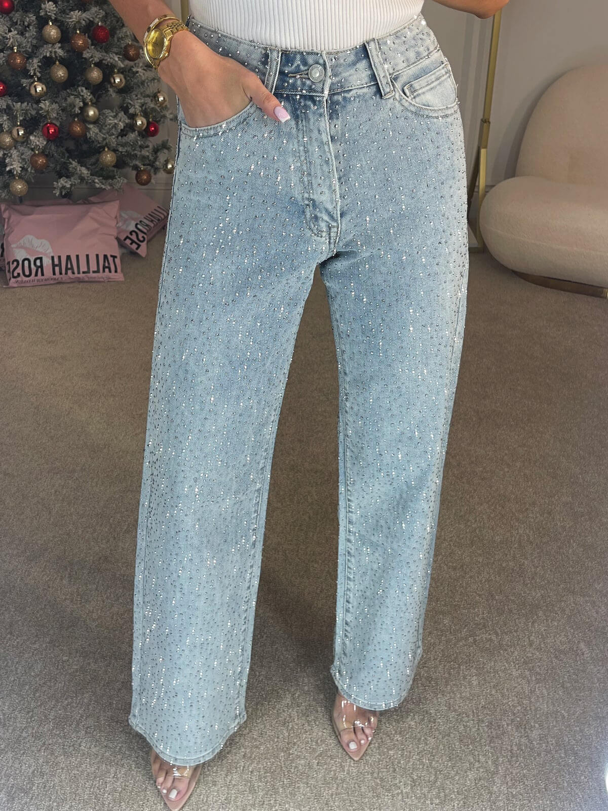 Jeans Dame Brede Glimmer Cowboybukser med Rhinsten og Høj Talje