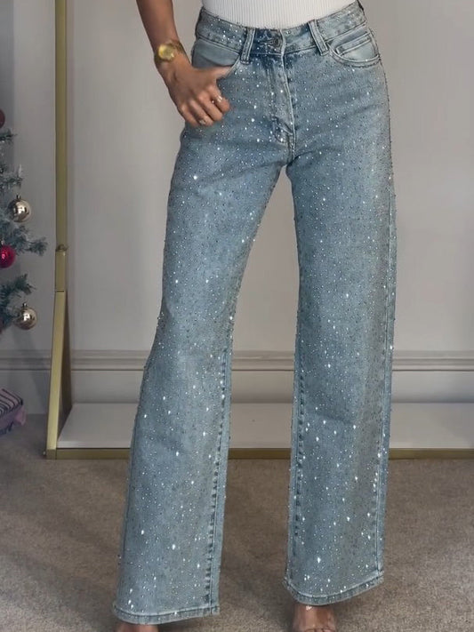 Jeans Dame Brede Glimmer Cowboybukser med Rhinsten og Høj Talje