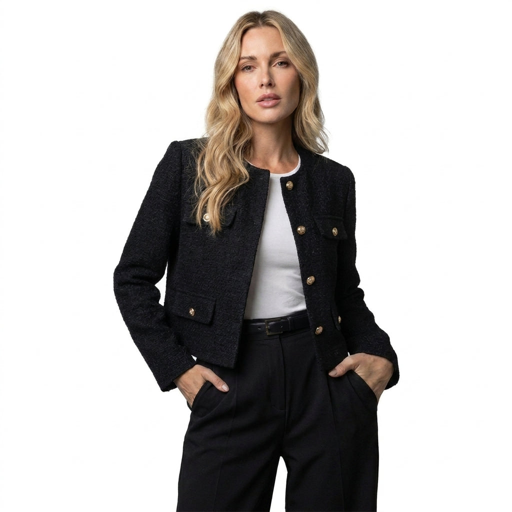 Kort tweedblazer til kvinder med guldknapper