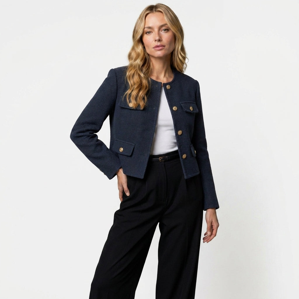 Kort tweedblazer til kvinder med guldknapper
