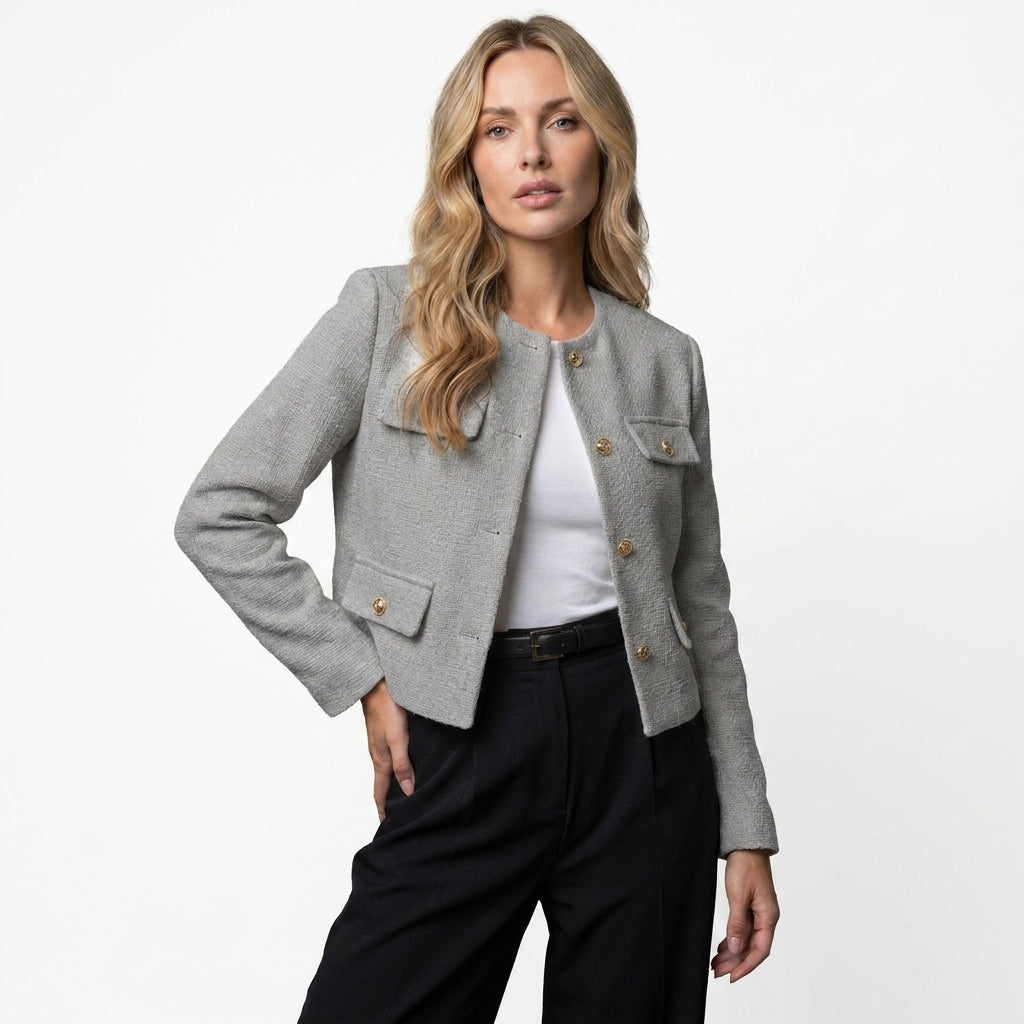 Kort tweedblazer til kvinder med guldknapper