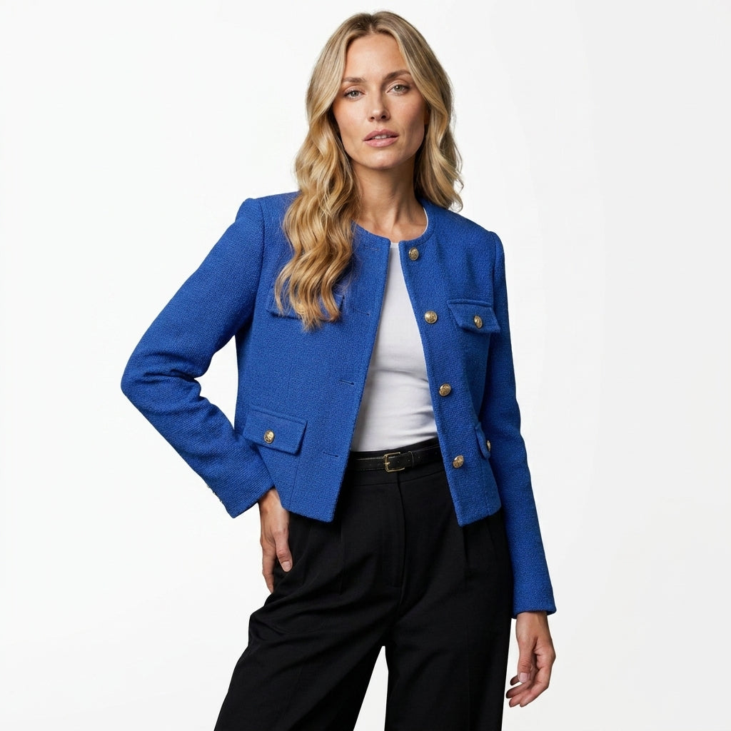 Kort tweedblazer til kvinder med guldknapper