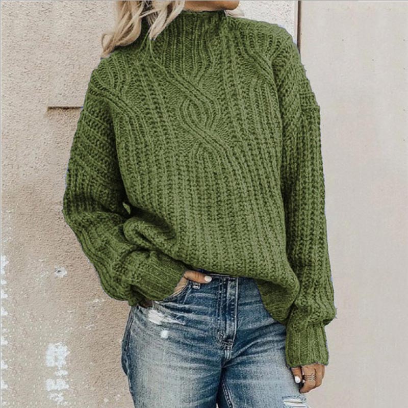 Striktrøje Dame Varm Grovstrikket Højhalset Sweater med Snoninger