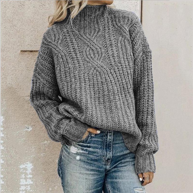Striktrøje Dame Varm Grovstrikket Højhalset Sweater med Snoninger