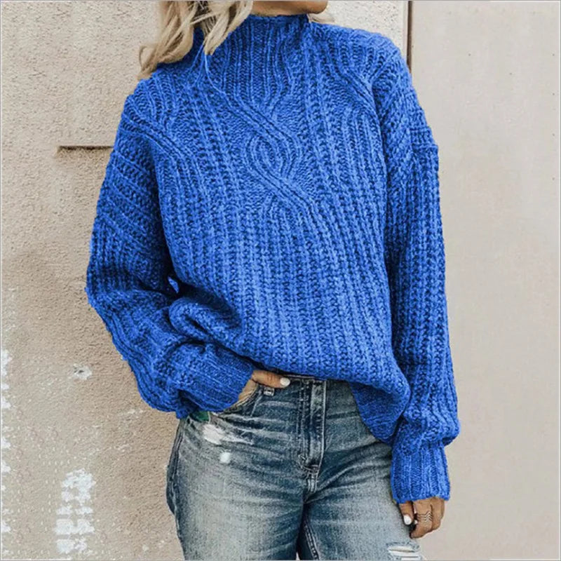 Striktrøje Dame Varm Grovstrikket Højhalset Sweater med Snoninger