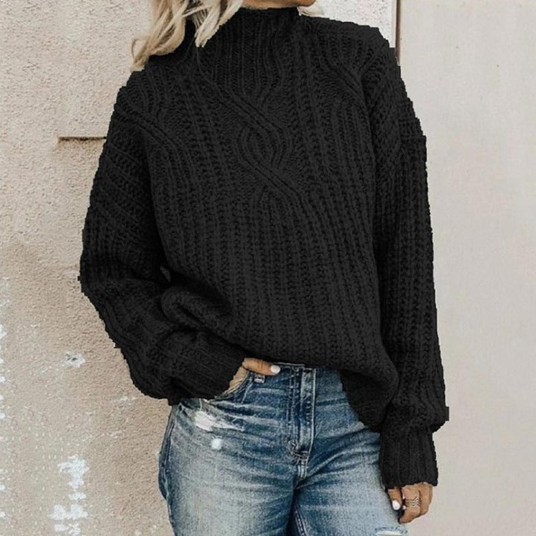 Striktrøje Dame Varm Grovstrikket Højhalset Sweater med Snoninger