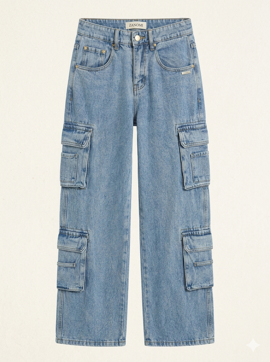 Jeans Dame Baggy Cargo Cowboybukser med Store Sidelommer og Brede Ben