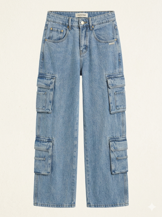 Jeans Dame Baggy Cargo Cowboybukser med Store Sidelommer og Brede Ben