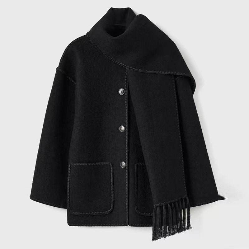 Frakke Dame Varm Kort Oversize med Tørklæde og Kontrastsømme i Uldlook Jakke